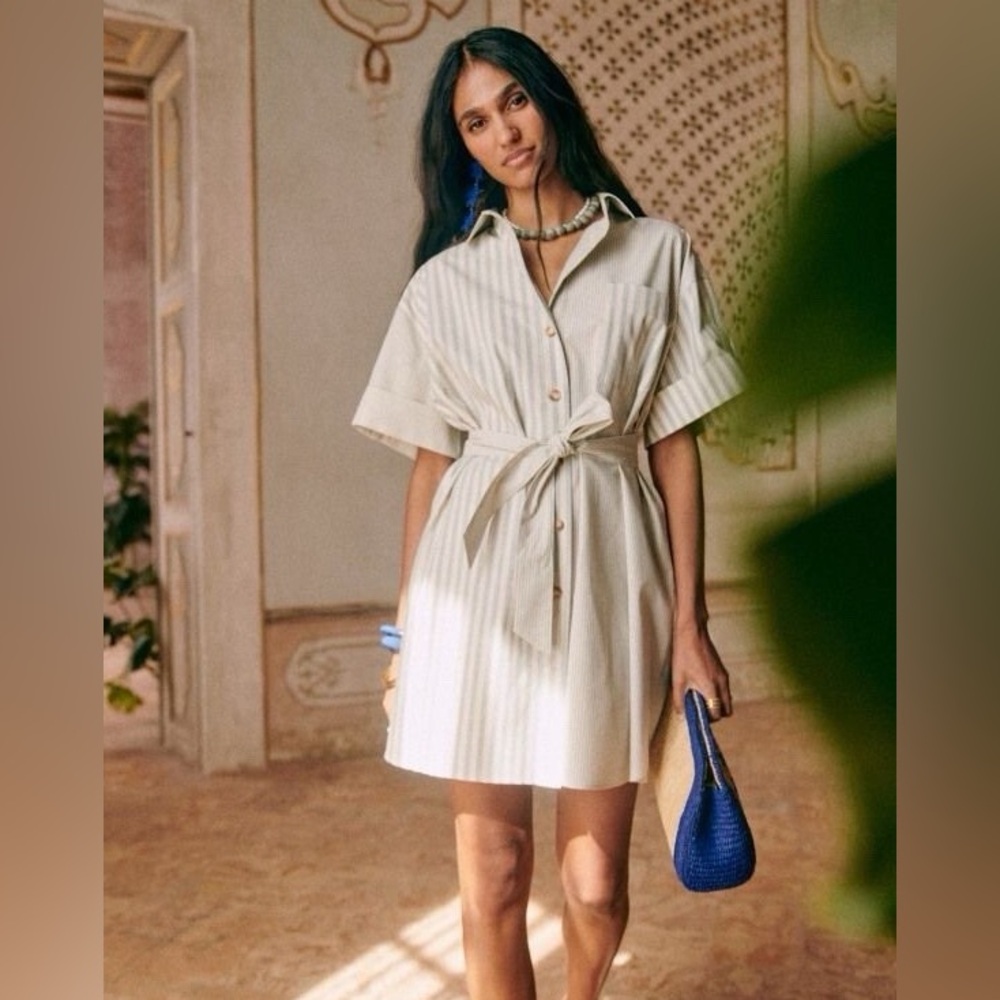 Sezane Cream Striped Shirt Dress with Tie Waist